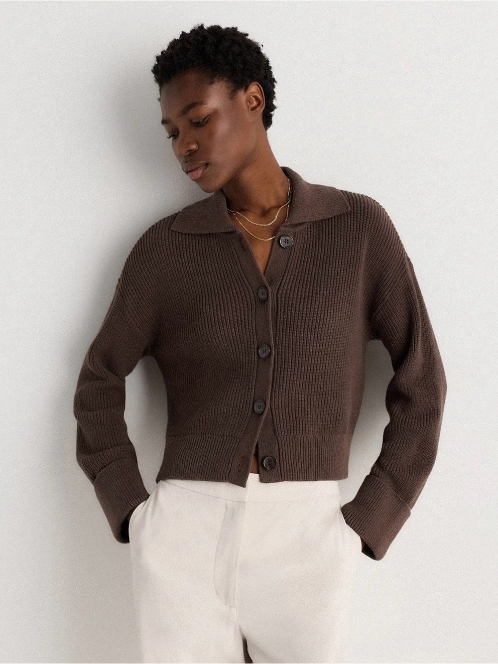 Quince 100% Organic Cotton Fisherman Collared Cardigan in Heather Brown